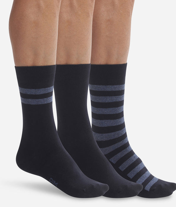DIM Pack de 3 pares de calcetines azules a rayas para hombre Dim Coton Style