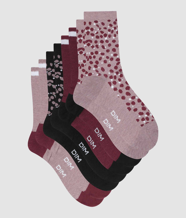 DIM Pack de 4 pares de calcetines de mujer en Negro y Granate lisos y estampados Ecodim Style
