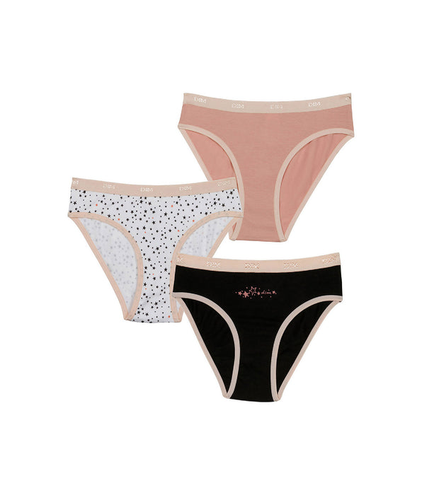 DIM Pack de 3 bragas tipo slip de niña en algodón stretch con estampado de estrellas Negro Rosa Les Pockets