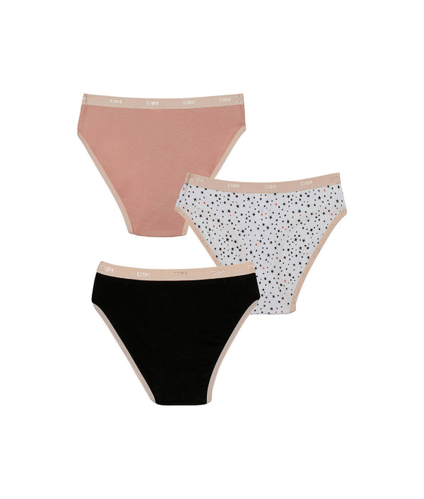 DIM Pack de 3 bragas tipo slip de niña en algodón stretch con estampado de estrellas Negro Rosa Les Pockets