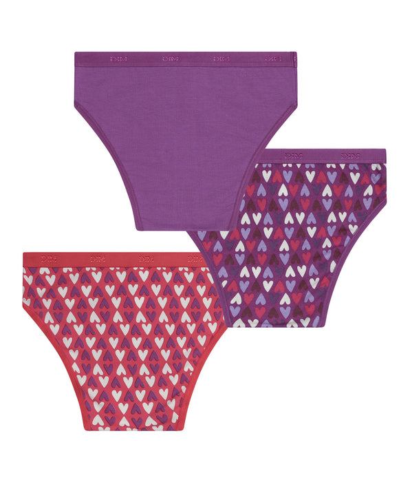 DIM Pack de 3 braguitas de algodón elástico para niña Violeta Rojo con corazones Les Pockets