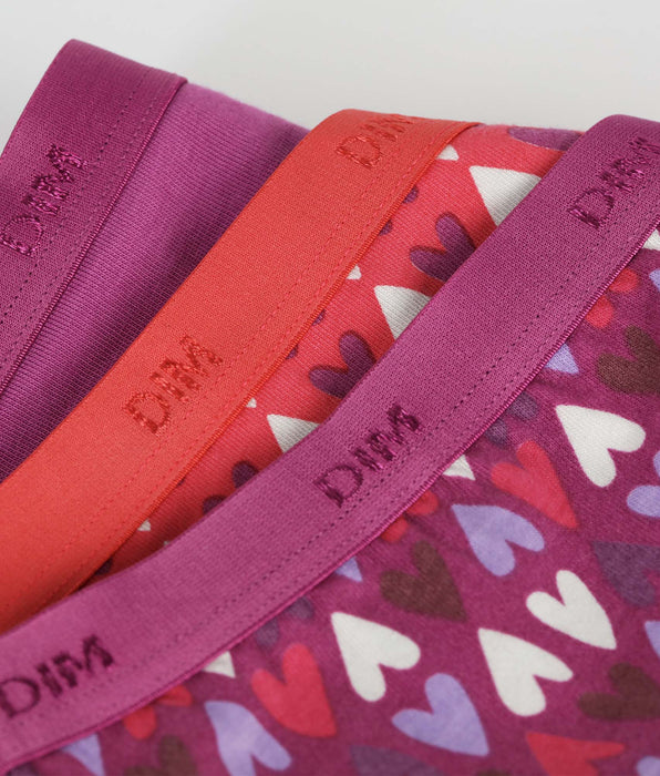 DIM Pack de 3 braguitas de algodón elástico para niña Violeta Rojo con corazones Les Pockets