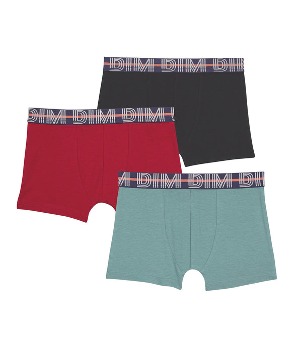 DIM Pack de 3 bóxers de niño de algodón elástico Rojo Azul y Verde EcoDim Classic