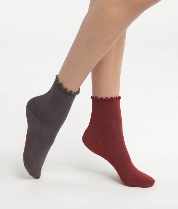DIM Pack de 2 pares de calcetines de mujer con volantes gris y granate Dim Modal