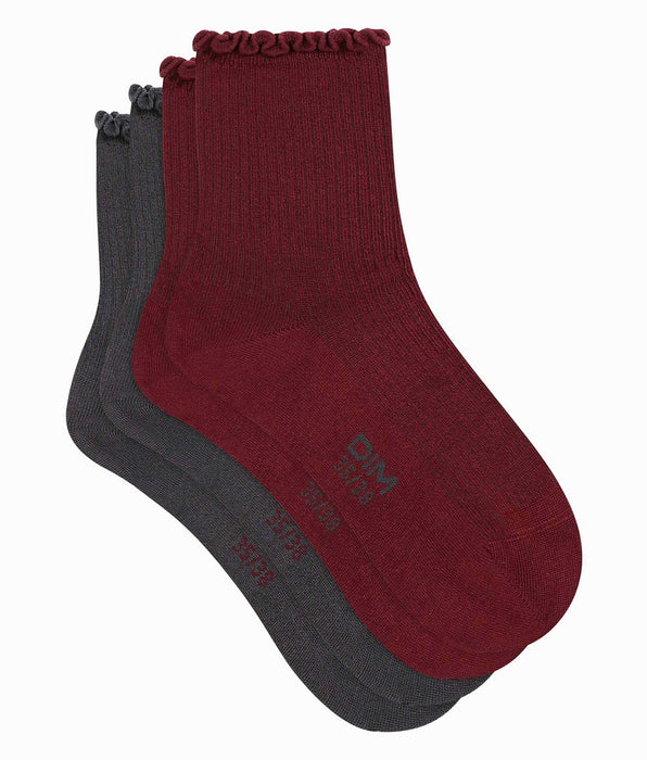 DIM Pack de 2 pares de calcetines de mujer con volantes gris y granate Dim Modal
