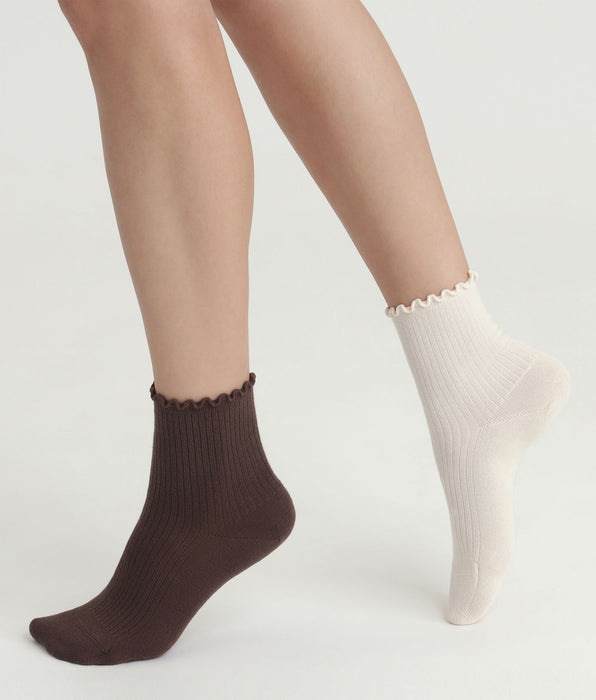 DIM Pack de 2 pares de calcetines beige de mujer con volante de Modal