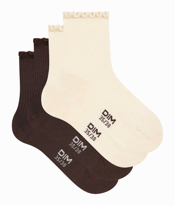 DIM Pack de 2 pares de calcetines beige de mujer con volante de Modal