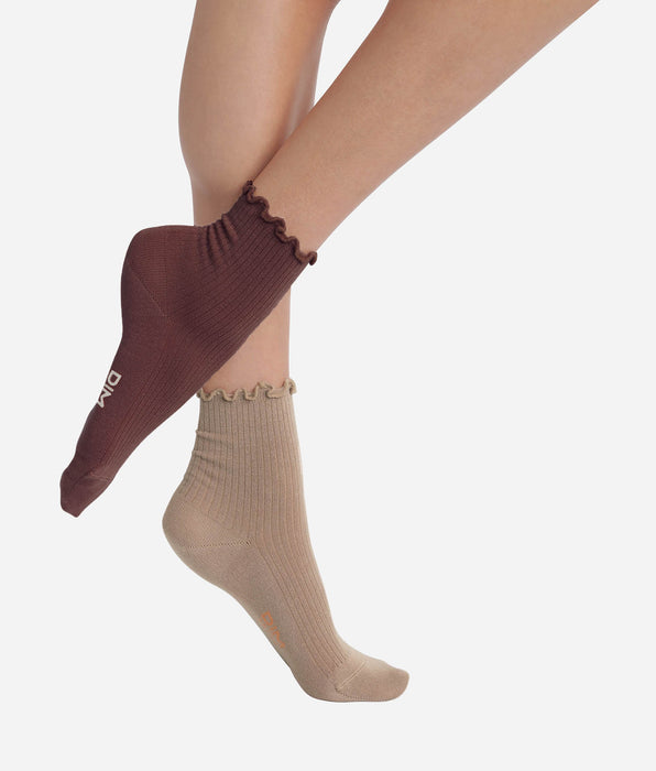 DIM Pack de 2 pares de calcetines de mujer con volantes Taupe Café Dim Modal