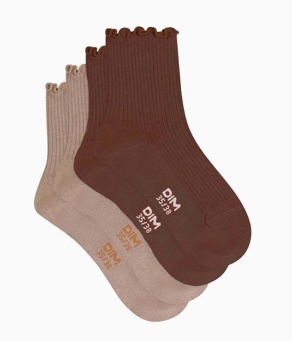 DIM Pack de 2 pares de calcetines de mujer con volantes Taupe Café Dim Modal