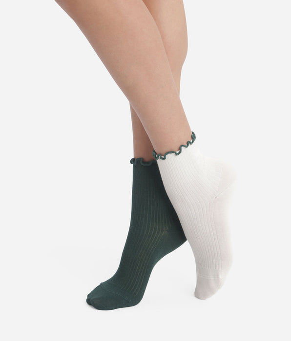 DIM Pack de 2 pares de calcetines de mujer con volantes Pin Marfil Dim Modal