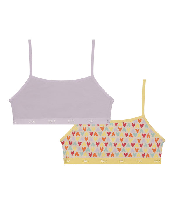 DIM Pack de 2 sujetadores de niña de algodón elástico Lila con estampado de corazones Les Pockets