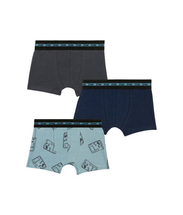 DIM Pack de 3 calzoncillos para niño de algodón elástico con estampado de gameboys azul EcoDim Mode