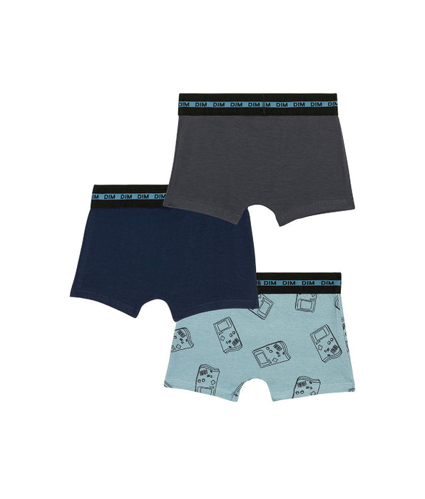 DIM Pack de 3 calzoncillos para niño de algodón elástico con estampado de gameboys azul EcoDim Mode
