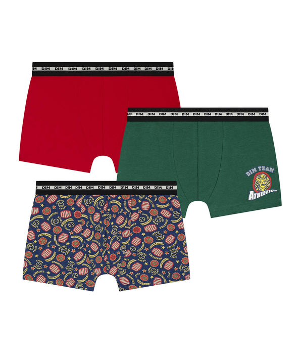 DIM Pack de 3 bóxers infantiles Rojo Verde con logotipo Dim Algodón elástico