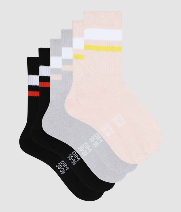 DIM Pack de 3 pares de calcetines de algodón para mujer Rosa, Gris y Negro EcoDim Sport