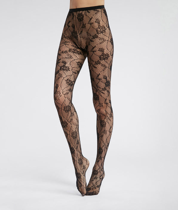 DIM Pantis de mujer en rejilla y encaje floral Negro Dim Style