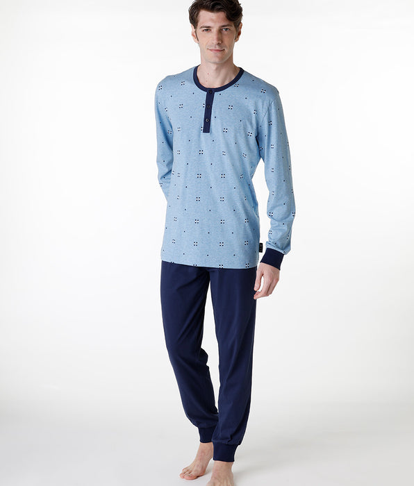DIM Pijama largo tipo serafino en jersey azul jaspeado para hombre