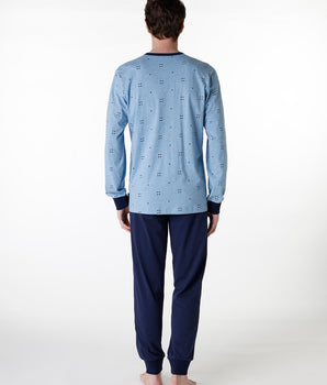 Pijama largo tipo serafino en jersey azul jaspeado para hombre