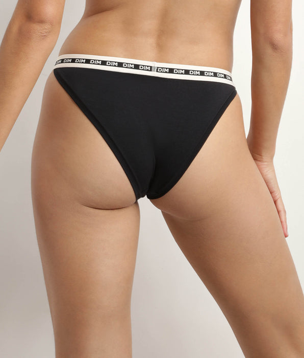 DIM Tanga de algodón modal negro con cinturilla beis Dim Icon Essentiel
