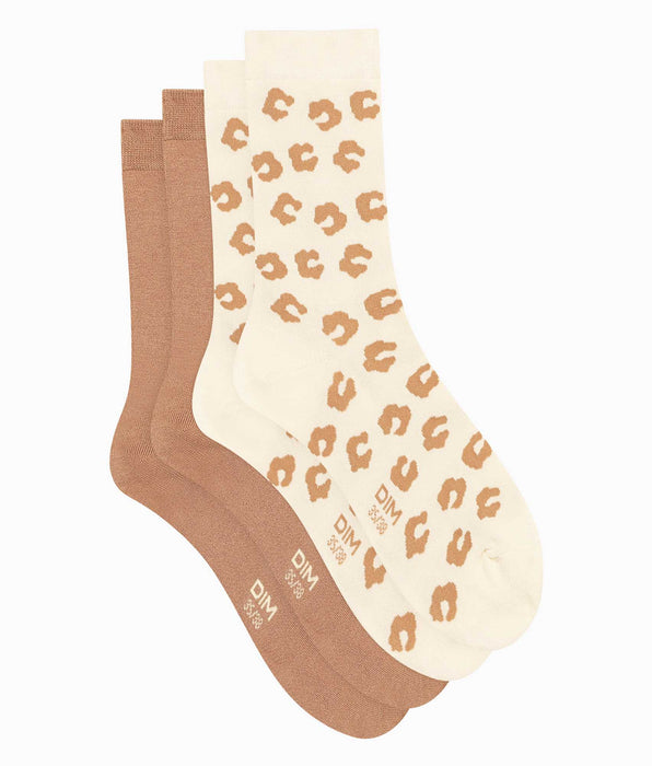 DIM Pack de 2 pares de calcetines de mujer crema estampado y terracota Dim Bambú