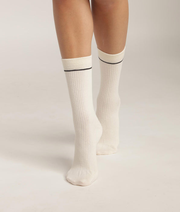 DIM Calcetines unisex de algodón acanalado Crema con línea negra Iconos Dim