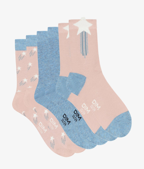 DIM Pack de 3 pares de calcetines altos infantiles con estrellas Rosa y Denim Coton Style