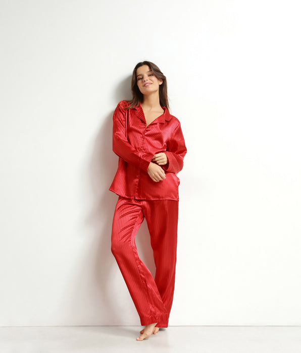 DIM Conjunto de pijama de mujer con pantalones de satén rojo Dim Don't Disturb