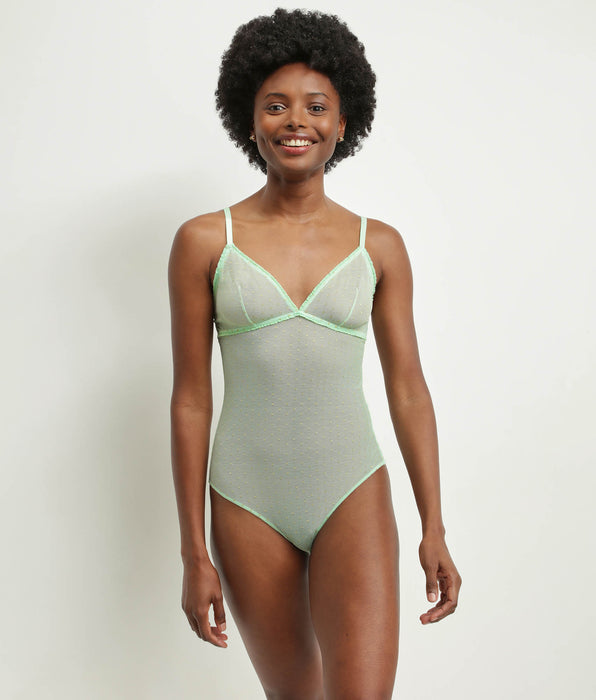 DIM Body de tul transparente verde manzana con lunares de lúrex Shiny Mesh de Dim