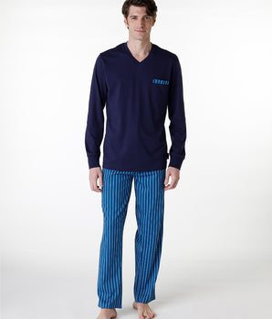 Pijama largo con cuello en V en jersey azul marino para hombre
