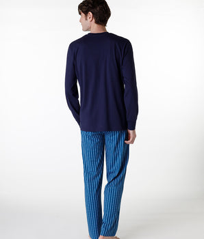 Pijama largo con cuello en V en jersey azul marino para hombre