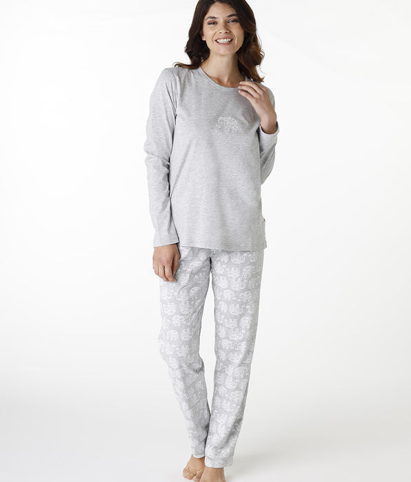 DIM Pijama largo de cuello redondo en jersey gris jaspeado para mujer