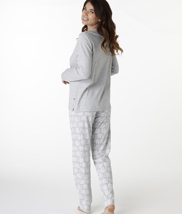 DIM Pijama largo de cuello redondo en jersey gris jaspeado para mujer