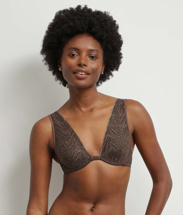 DIM Sujetador triangular halter de tul marrón con rayas doradas Dim Generous