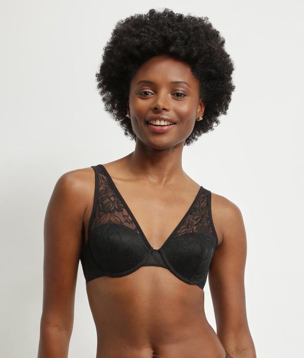DIM Sujetador triangular halter de encaje negro con estampado vegetal Dim Mod