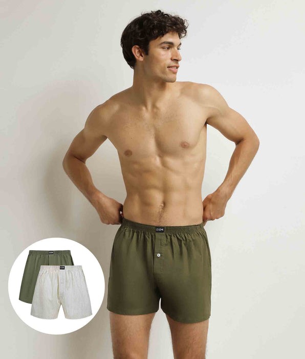 DIM Pack de 2 calzoncillos bóxer para hombre de algodón elástico verde a rayas beige