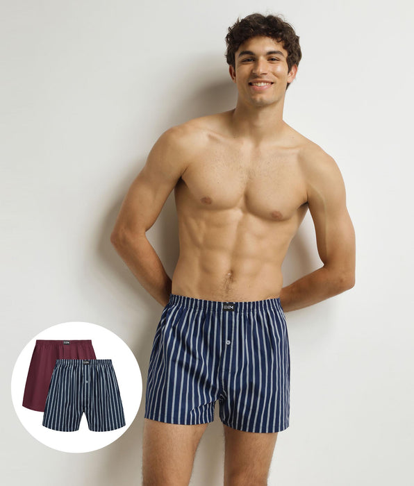 DIM Pack de 2 calzoncillos bóxer de algodón elástico de rayas azules y rojas para hombre