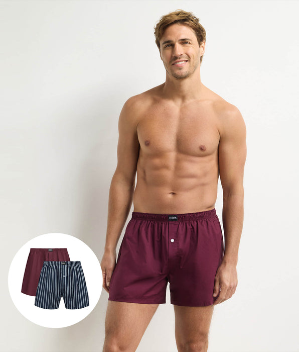 DIM Pack de 2 calzoncillos bóxer de algodón elástico de rayas azules y rojas para hombre