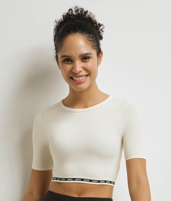 DIM Top de mujer sin costuras de microfibra acanalada Beige Dim Icons Seamless