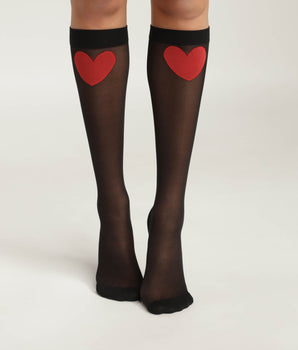Pantis de muje negro transparente con estampado de corazones rojos Dim Style