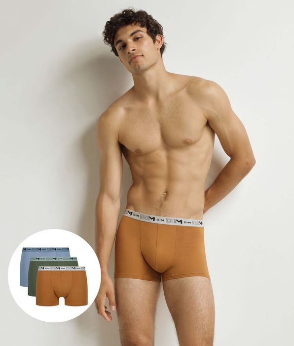 DIM Juego de 3 calzoncillos bóxer para hombre de algodón orgánico color caqui ocre azul