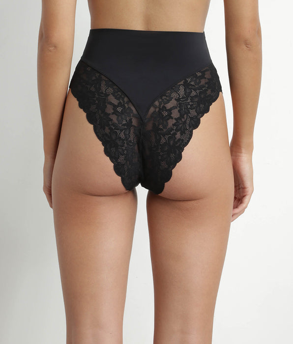 DIM Tanga moldeador talle alto microfibra y encaje negro Dim Silhouette Elegance