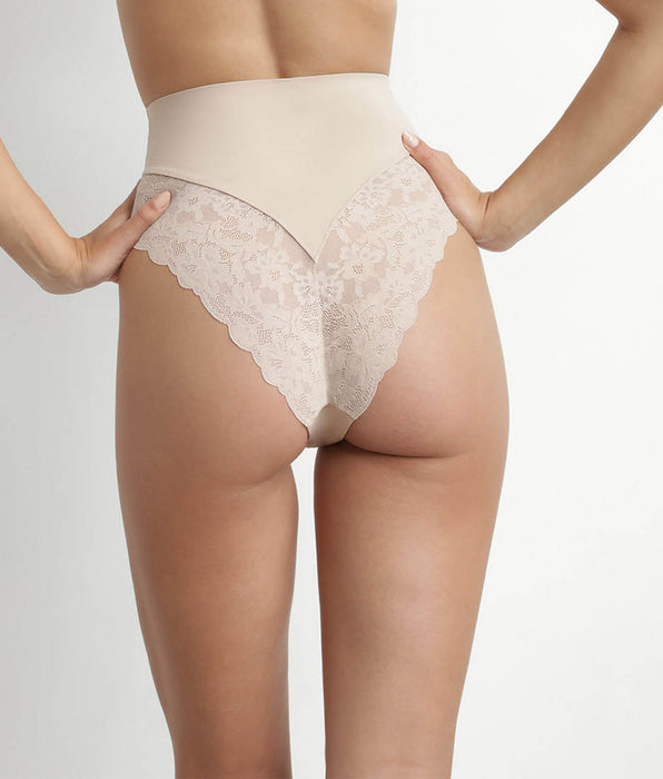 DIM Tanga moldeador talle alto microfibra y encaje nude Dim Silhouette Elegance