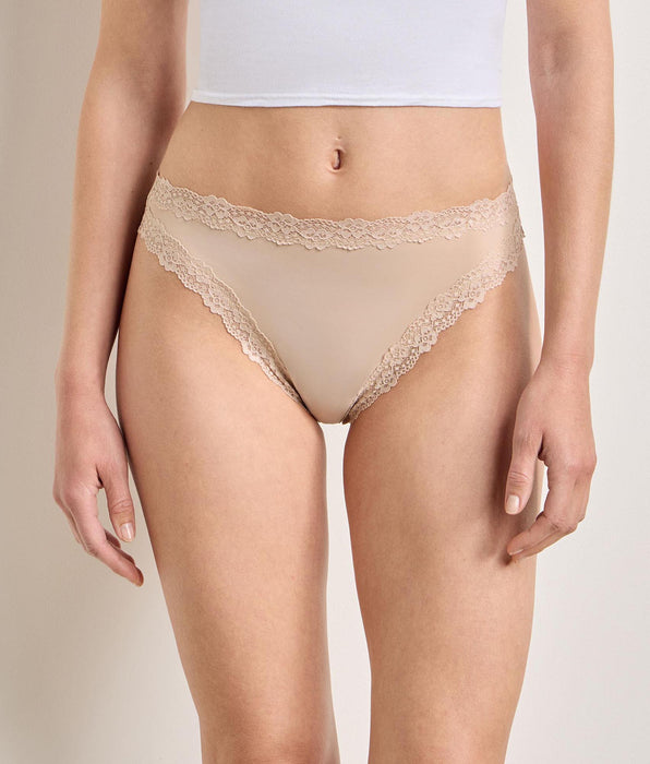 DIM Tanga de mujer de microfibra y encaje Nude Dim