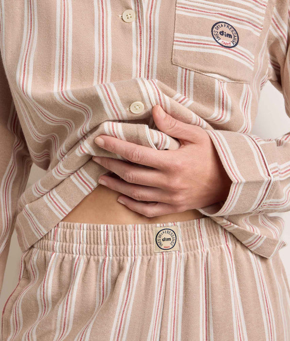 DIM Conjunto de pijama de mujer de franela a rayas marrón y beige DIM x Ines de la Fressange