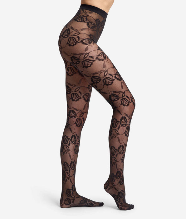 DIM Medias fantasía negras Style con motivo floral Tulipe y efecto terciopelo