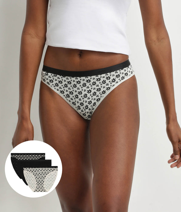 DIM Pack de 3 braguitas de algodón elástico con motivos florales en blanco y negro Les Pockets