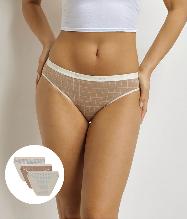 DIM Pack de 3 Calzoncillos Mujer Gingham Crudo Azul Beige Les Bolsillos