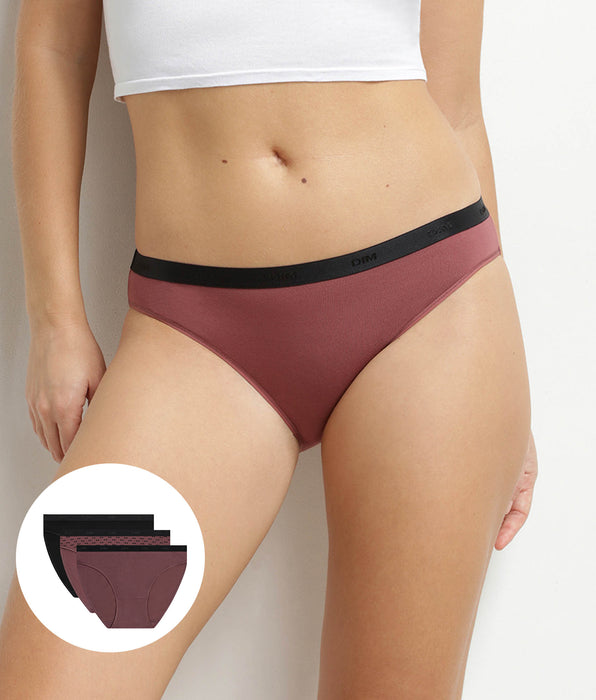 DIM Pack de 3 braguitas de mujer de algodón elástico Negro Ciruela Les Pockets