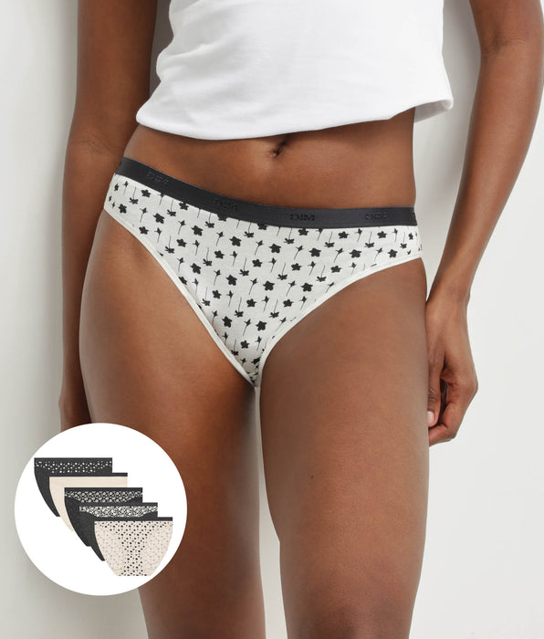 DIM Pack de 5 bragas de algodón elástico con estampado de flores en blanco y negro Les Pockets
