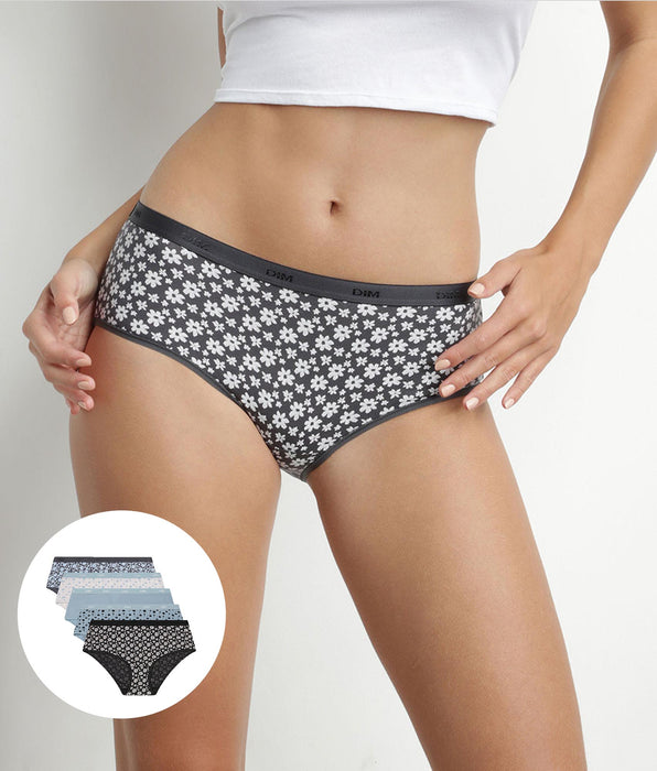 DIM Pack de 5 culottes Les Pockets Mujer Azul Gris algodón elástico Floral